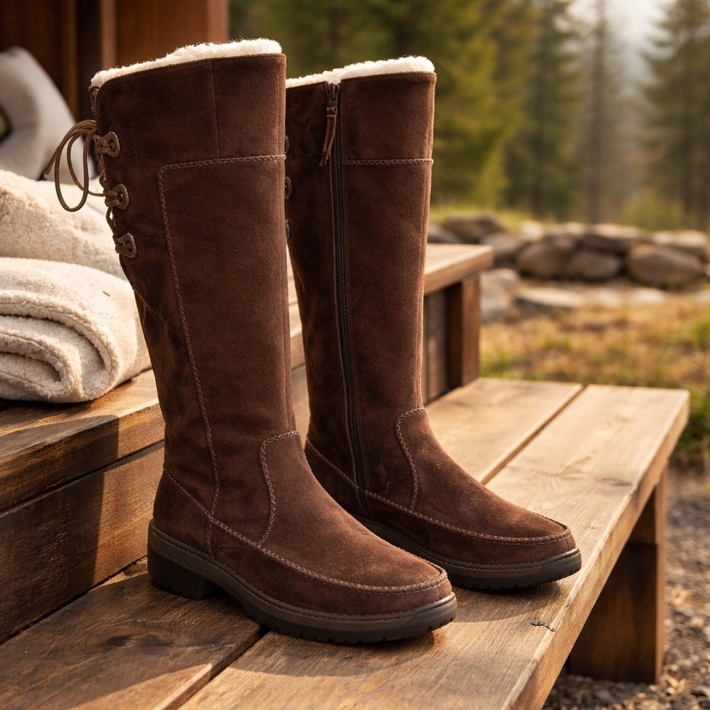 Timberland‎ Womens 7 Brown Suede Tall Moc Toe Faux Shearling Lined Boots 98331